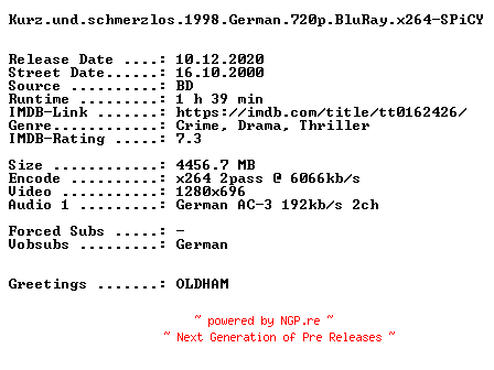 NFO for the release Kurz.und.schmerzlos.1998.German.720p.BluRay.x264-SPiCY by SPiCY