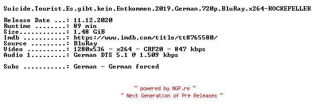 NFO for the release Suicide.Tourist.Es.gibt.kein.Entkommen.2019.German.720p.BluRay.x264-ROCKEFELLER by ROCKEFELLER