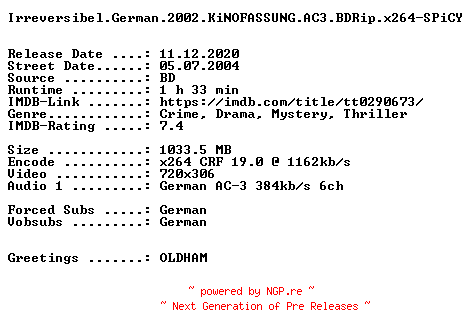 NFO for the release Irreversibel.German.2002.KiNOFASSUNG.AC3.BDRip.x264-SPiCY by SPiCY