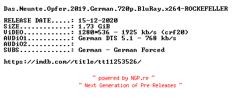 NFO for the release Das.Neunte.Opfer.2019.German.720p.BluRay.x264-ROCKEFELLER by ROCKEFELLER
