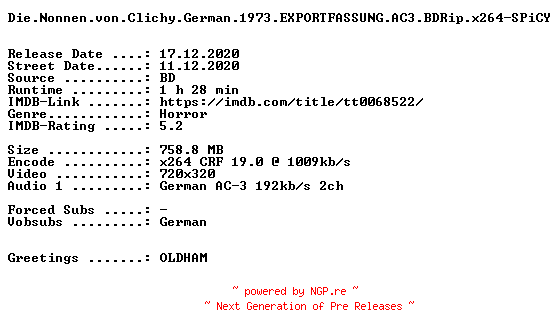NFO for the release Die.Nonnen.von.Clichy.German.1973.EXPORTFASSUNG.AC3.BDRip.x264-SPiCY by SPiCY
