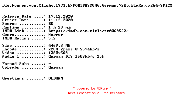 NFO for the release Die.Nonnen.von.Clichy.1973.EXPORTFASSUNG.German.720p.BluRay.x264-SPiCY by SPiCY