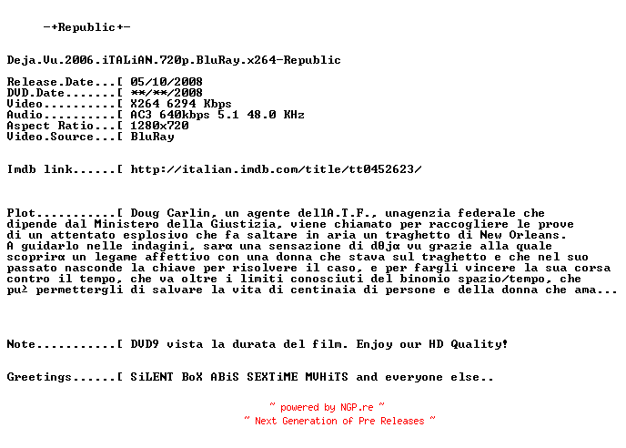 NFO for the release Deja.Vu.2006.iTALiAN.720p.BluRay.x264-Republic by Republic