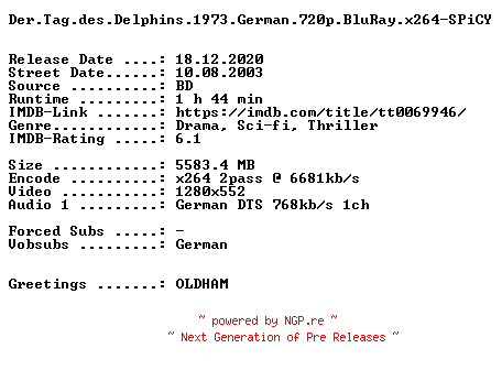 NFO for the release Der.Tag.des.Delphins.1973.German.720p.BluRay.x264-SPiCY by SPiCY