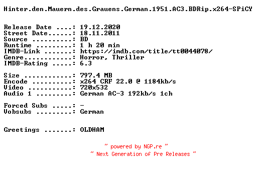 NFO for the release Hinter.den.Mauern.des.Grauens.German.1951.AC3.BDRip.x264-SPiCY by SPiCY