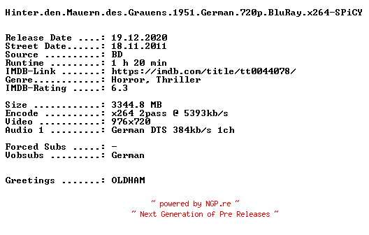 NFO for the release Hinter.den.Mauern.des.Grauens.1951.German.720p.BluRay.x264-SPiCY by SPiCY