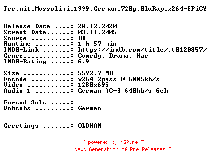 NFO for the release Tee.mit.Mussolini.1999.German.720p.BluRay.x264-SPiCY by SPiCY