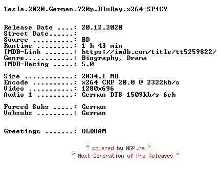 NFO for the release Tesla.2020.German.720p.BluRay.x264-SPiCY by SPiCY