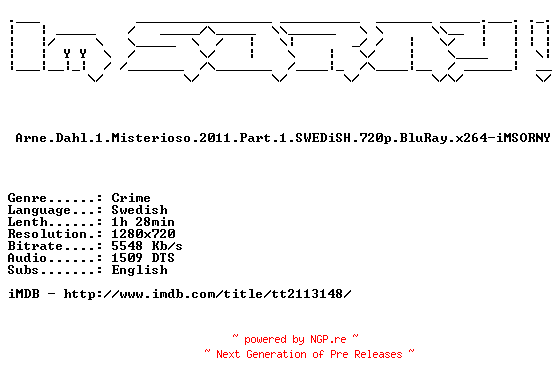 NFO for the release Arne.Dahl.1.Misterioso.2011.Part.1.SWEDiSH.720p.BluRay.x264-iMSORNY by iMSORNY