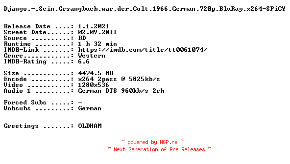 NFO for the release Django.-.Sein.Gesangbuch.war.der.Colt.1966.German.720p.BluRay.x264-SPiCY by SPiCY