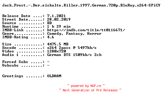 NFO for the release Jack.Frost.-.Der.eiskalte.Killer.1997.German.720p.BluRay.x264-SPiCY by SPiCY