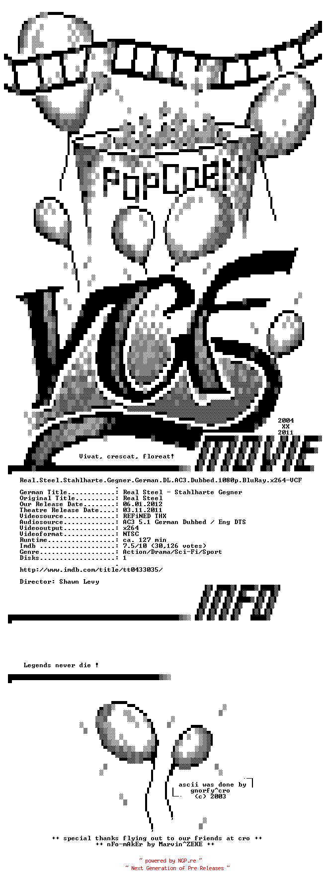 NFO for the release Real.Steel.Stahlharte.Gegner.German.DL.AC3.Dubbed.1080.BluRay.x264-VCF by VCF