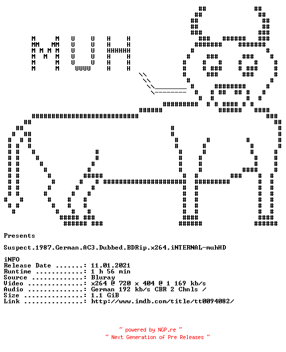 NFO for the release Suspect.1987.German.AC3.Dubbed.BDRip.x264.iNTERNAL-muhHD by muhHD