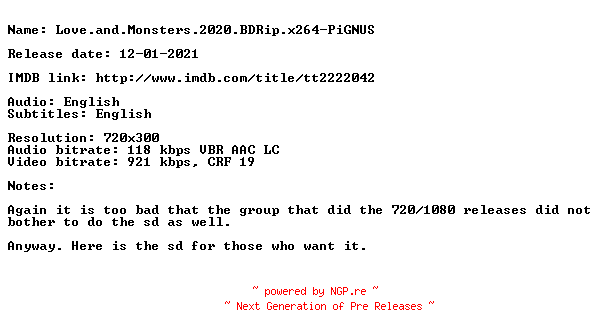 NFO for the release Love.and.Monsters.2020.BDRip.x264-PiGNUS by PiGNUS
