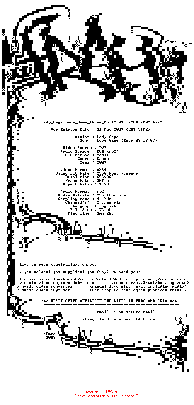 NFO for the release Lady_Gaga-Love_Game_(Rove_05-17-09)-x264-2009-FRAY by FRAY