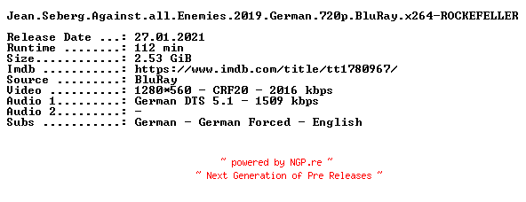 NFO for the release Jean.Seberg.Against.all.Enemies.2019.German.720p.BluRay.x264-ROCKEFELLER by ROCKEFELLER