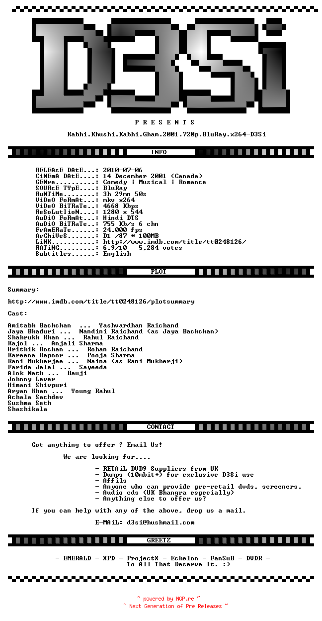 NFO for the release Kabhi.Khushi.Kabhie.Gham.2001.720p.BluRay.x264-D3Si by D3Si