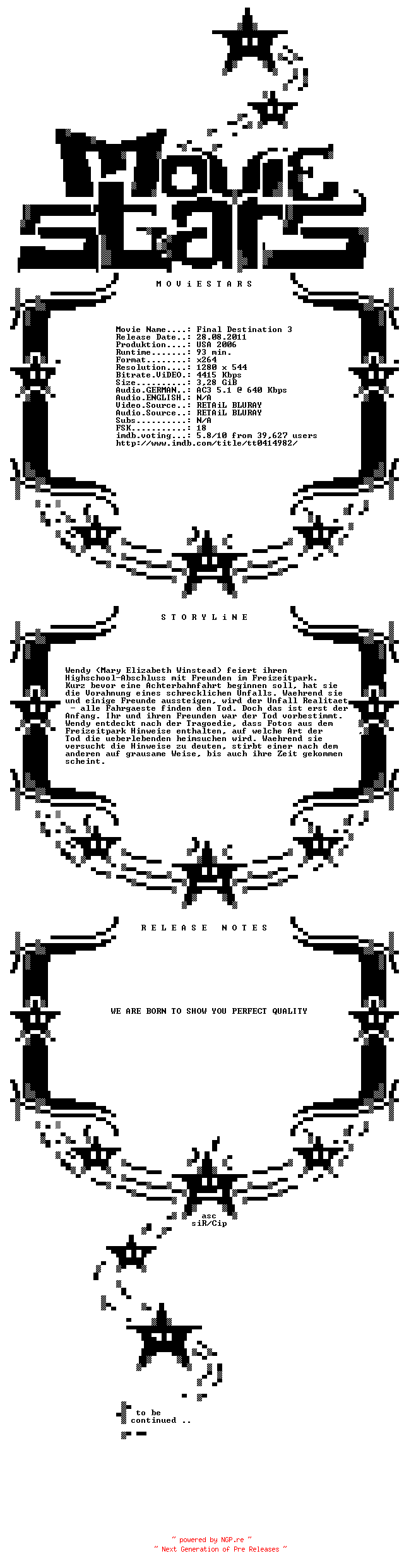 NFO for the release Final.Destination.3.2006.German.720p.BluRay.x264-MOViESTARS by MOViESTARS