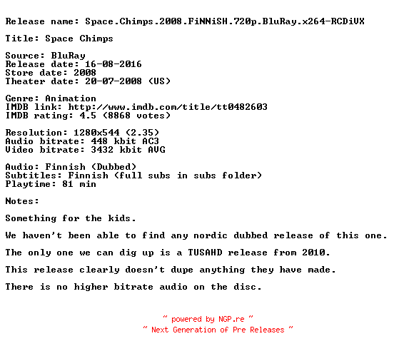 NFO for the release Space.Chimps.2008.FiNNiSH.720p.BluRay.x264-RCDiVX by RCDiVX