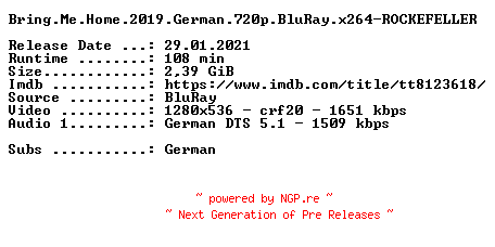 NFO for the release Bring.Me.Home.2019.German.720p.BluRay.x264-ROCKEFELLER by ROCKEFELLER