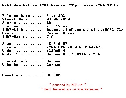 NFO for the release Wahl.der.Waffen.1981.German.720p.BluRay.x264-SPiCY by SPiCY