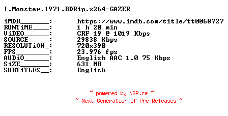 NFO for the release I.Monster.1971.BDRip.x264-GAZER by GAZER