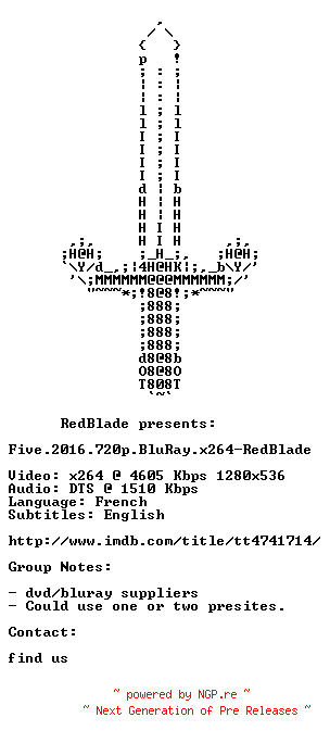 NFO for the release Five.2016.720p.BluRay.x264-RedBlade by RedBlade