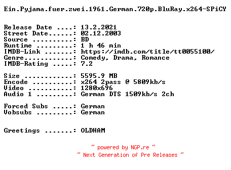 NFO for the release Ein.Pyjama.fuer.zwei.1961.German.720p.BluRay.x264-SPiCY by SPiCY
