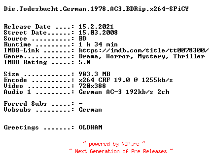 NFO for the release Die.Todesbucht.German.1978.AC3.BDRip.x264-SPiCY by SPiCY