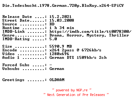 NFO for the release Die.Todesbucht.1978.German.720p.BluRay.x264-SPiCY by SPiCY