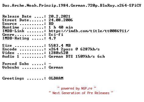 NFO for the release Das.Arche.Noah.Prinzip.1984.German.720p.BluRay.x264-SPiCY by SPiCY