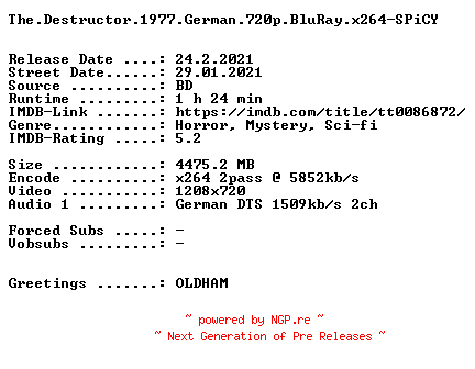 NFO for the release The.Destructor.1977.German.720p.BluRay.x264-SPiCY by SPiCY