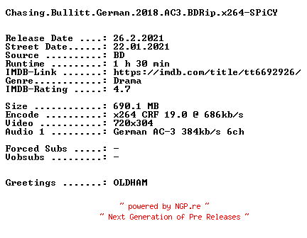 NFO for the release Chasing.Bullitt.German.2018.AC3.BDRip.x264-SPiCY by SPiCY