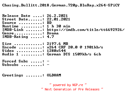NFO for the release Chasing.Bullitt.2018.German.720p.BluRay.x264-SPiCY by SPiCY