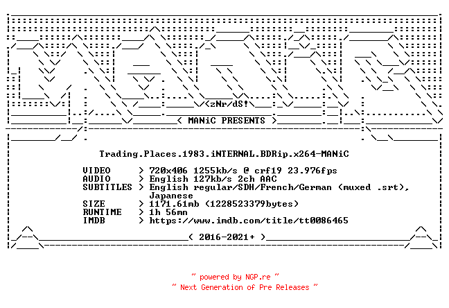 NFO for the release Trading.Places.1983.iNTERNAL.BDRip.x264-MANiC by MANiC