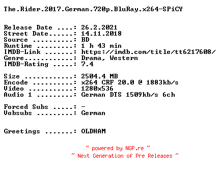 NFO for the release The.Rider.2017.German.720p.BluRay.x264-SPiCY by SPiCY