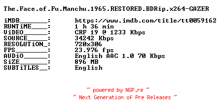 NFO for the release The.Face.of.Fu.Manchu.1965.RESTORED.BDRip.x264-GAZER by GAZER