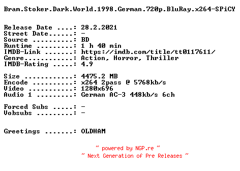 NFO for the release Bram.Stoker.Dark.World.1998.German.720p.BluRay.x264-SPiCY by SPiCY