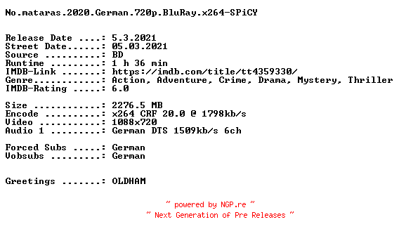 NFO for the release No.mataras.2020.German.720p.BluRay.x264-SPiCY by SPiCY