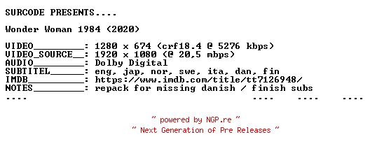 NFO for the release Wonder.Woman.1984.2020.REPACK.720p.BluRay.x264-SURCODE by SURCODE