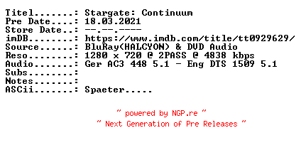 NFO for the release Stargate.Continuum.2008.German.2008.AC3D.DL.720p.BluRay.x264-JaJunge by JaJunge