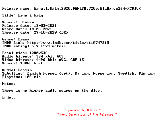 NFO for the release Erna.i.Krig.2020.DANiSH.720p.BluRay.x264-RCDiVX by RCDiVX