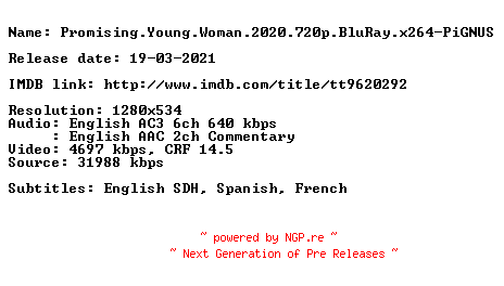 NFO for the release Promising.Young.Woman.2020.720p.BluRay.x264-PiGNUS by PiGNUS
