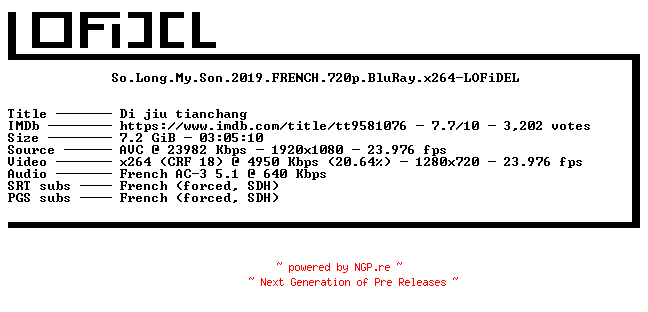 NFO for the release So.Long.My.Son.2019.FRENCH.720p.BluRay.x264-LOFiDEL by LOFiDEL