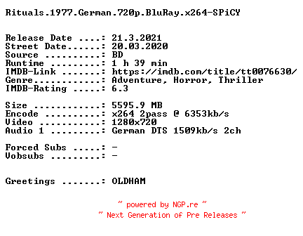 NFO for the release Rituals.1977.German.720p.BluRay.x264-SPiCY by SPiCY