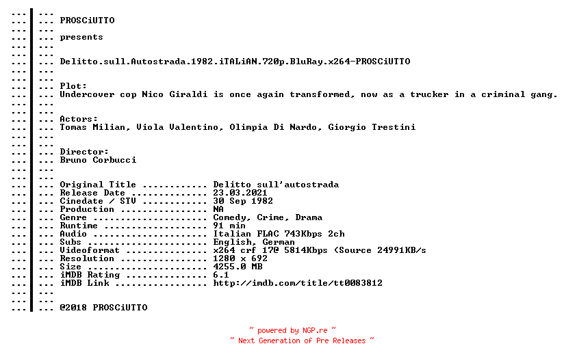NFO for the release Delitto.sull.Autostrada.1982.iTALiAN.720p.BluRay.x264-PROSCiUTTO by PROSCiUTTO