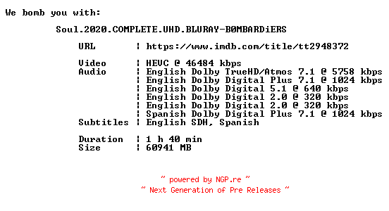 NFO for the release Soul.2020.COMPLETE.UHD.BLURAY-B0MBARDiERS by B0MBARDiERS