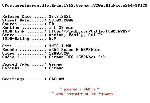 NFO for the release Ufos.zerstoeren.die.Erde.1962.German.720p.BluRay.x264-SPiCY by SPiCY