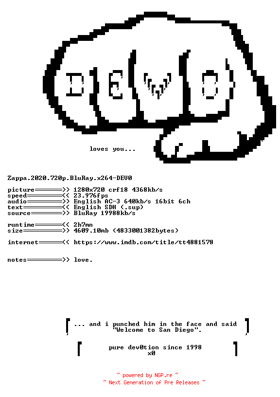 NFO for the release Zappa.2020.720p.BluRay.x264-DEV0 by DEV0