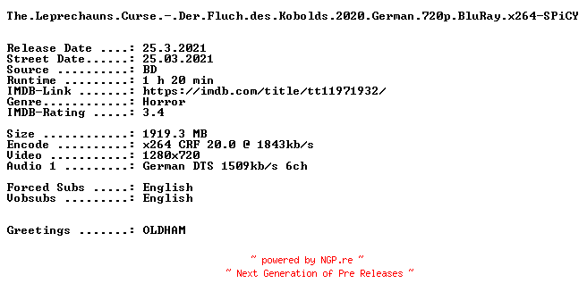 NFO for the release The.Leprechauns.Curse.-.Der.Fluch.des.Kobolds.2020.German.720p.BluRay.x264-SPiCY by SPiCY